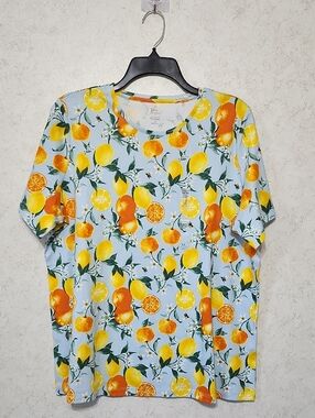 Lemon & Orange Print Short Sleeve Tee Shirt Bees Bumble Bee Citrus Floral Summer